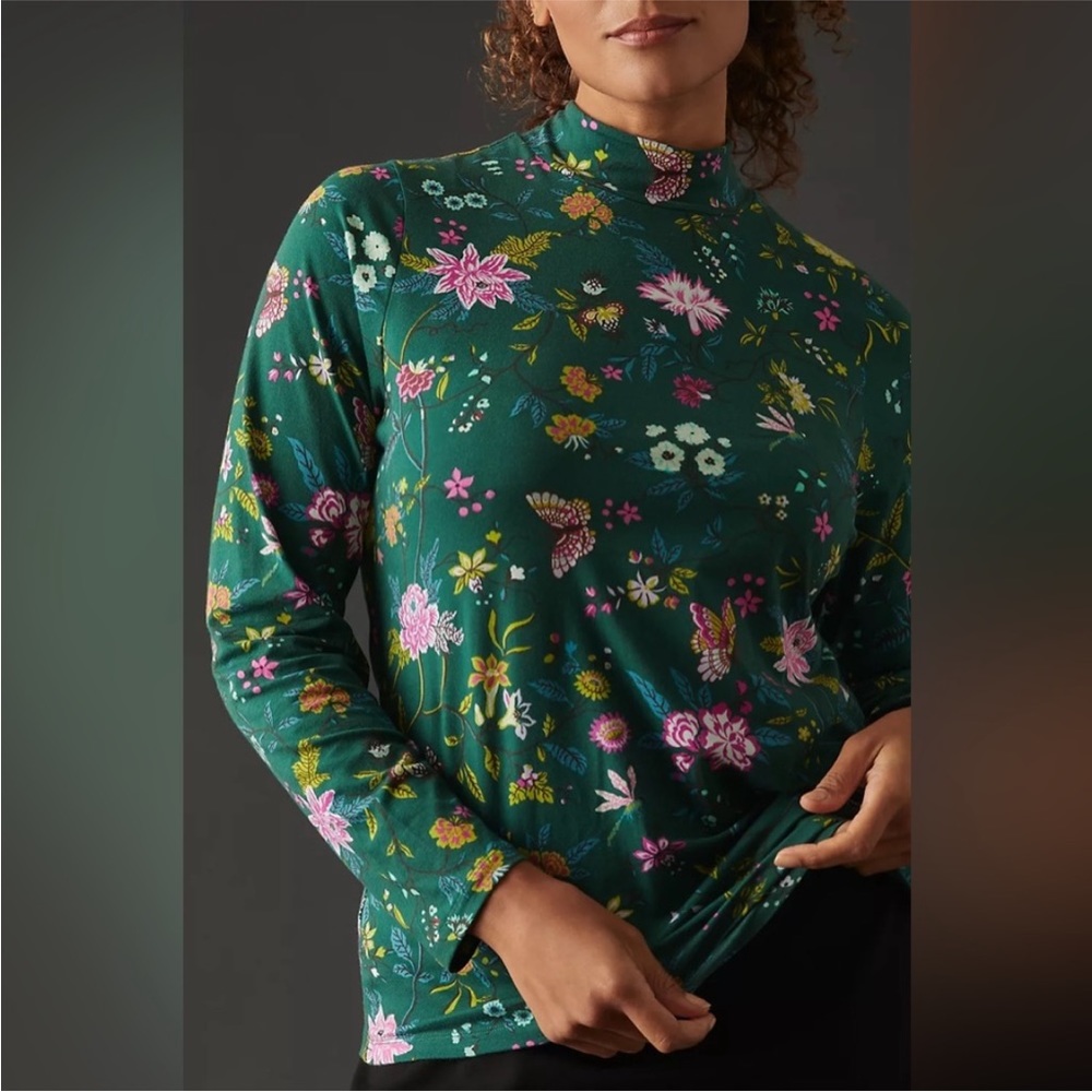 NEW Anthro Maeve green floral printed turtleneck long sleeve top Sz XS